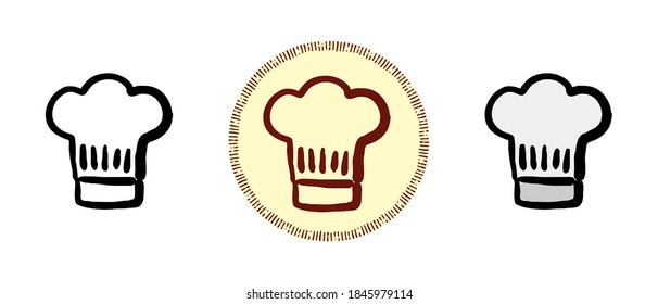 This is a set of icons with a different style of chef's hat. Outline, colored and retro chef's hat symbols. Freehand drawing, doodles. Stylish solution for website and label.