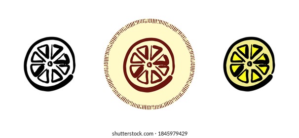 Este es un conjunto de iconos con un estilo diferente de corte de limón. Símbolo de contorno, coloreado y retro de rodaja de limón. Dibujo a mano libre, garabatos. Solución elegante para el sitio web y la etiqueta.