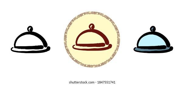 This is a set of icons with a different style of serving plate. Contour, color and retro symbols of a serving plate. Freehand drawing, doodles. Stylish solution for website and label.