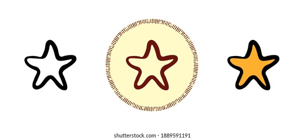 This is a set of icons with different style of star favorites. Outline, colors and retro symbols of star favorites. Freehand drawing, doodles. Stylish solution for website and label.