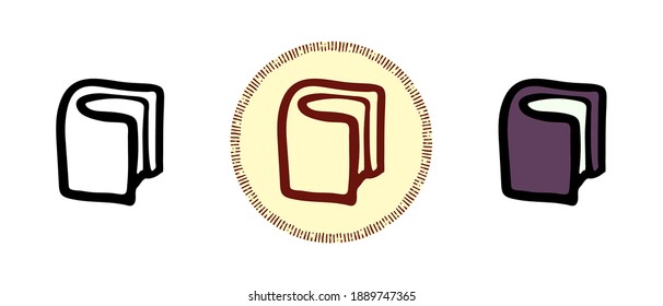 Este es un conjunto de íconos con diferentes estilos de libros en pie. Contorno, colores y símbolos retro de un libro de pie. Dibujo a mano libre, garabatos. Solución elegante para el sitio web y la etiqueta.