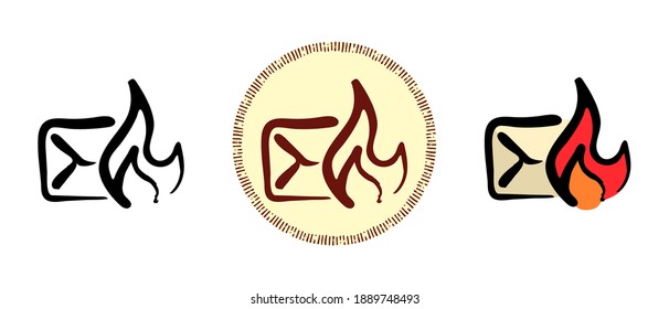 This is a set of icons with different style of burning a mail envelope. Outline, colors and retro mail envelope delete symbols. Freehand drawing, doodles. Stylish solution for website and label.