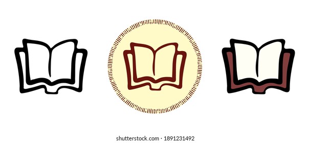 This is a set of icons with a different style of an open book. Open book outline, colors and retro symbols. Freehand drawing, doodles. Stylish solution for website and label.