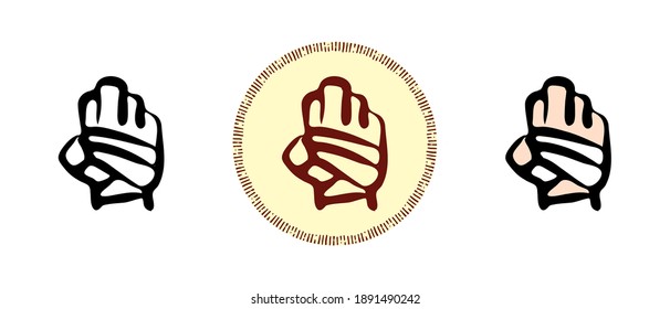 Dies ist eine Reihe von Symbolen mit einem anderen Stil von bandagierter Hand. Umrisse, Farben und Retro-Symbole der bandagierten Hand. Freehand Zeichnung, Doodles. Stylische Lösung für Website und Label.