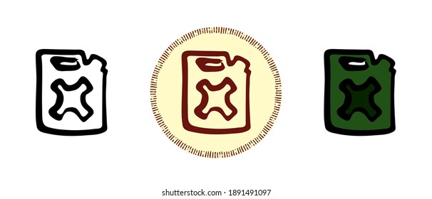 Dies ist eine Reihe von Symbolen mit einem anderen Stil der Kraftstoffkanister. Umrisse, Farben und Retro-Symbole des Kraftstoffkreises. Freehand Zeichnung, Doodles. Stylische Lösung für Website und Label.