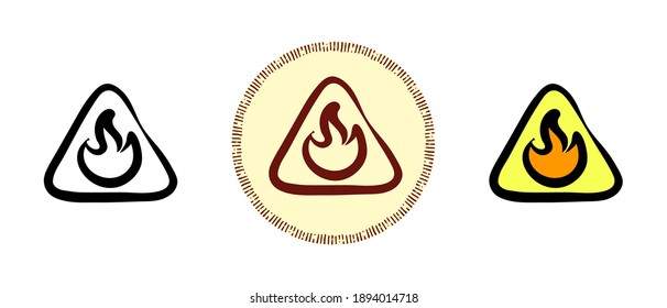 Este es un conjunto de iconos con un estilo diferente de signo inflamable. Contorno, colores y símbolos retro del signo inflamable. Dibujo a mano libre, garabatos. Solución elegante para el sitio web y la etiqueta.