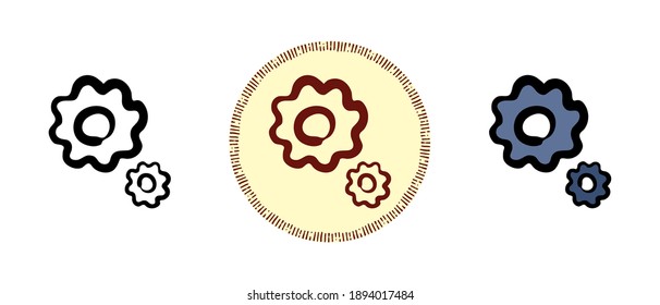 This is a set of icons with a different style of gears. Gears outline, colors and retro symbols. Freehand drawing, doodles. Stylish solution for website and label.