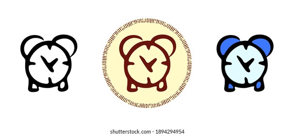 This is a set of icons with different style of alarm clock. Outline, colors and retro alarm clock symbols. Freehand drawing, doodles. Stylish solution for website and label.
