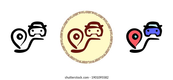 Este es un conjunto de iconos con un estilo diferente de la ruta del coche. Contorno, colores y símbolos retro de la ruta del coche. Dibujo a mano libre, garabatos. Solución elegante para el sitio web y la etiqueta.