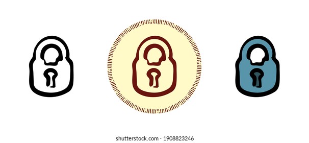 Este es un conjunto de iconos con un estilo diferente de candados. Contorno, colores y símbolos de candado retro. Dibujo a mano libre, garabatos. Solución elegante para el sitio web y la etiqueta. 