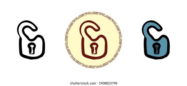 Dies ist eine Reihe von Symbolen mit einem anderen Stil eines offenen Schloss. Umrisse, Farben und Retro-Symbole eines offenen Vorhängeschlosses. Freehand Zeichnung, Doodles. Stylische Lösung für Website und Label. 