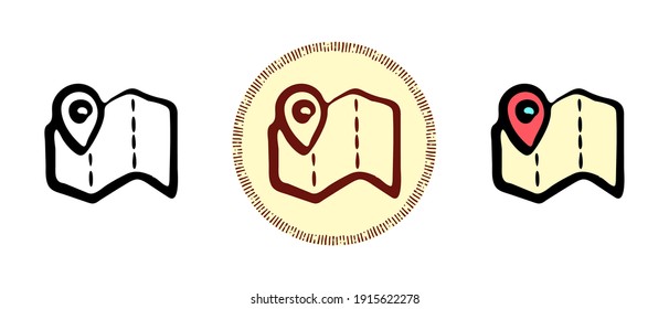 This is a set of icons with a different style of folded pin map. Outline, colors and retro symbols of a folded pin map. Freehand drawing, doodles. Stylish solution for website and label.