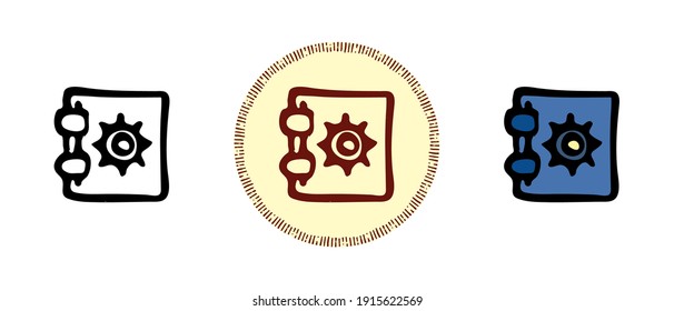 Este es un conjunto de iconos con un estilo diferente de caja fuerte con un bloqueo. Contorno, colores y símbolos retro de una caja fuerte cerrada con un bloqueo. Dibujo a mano libre, garabatos. Solución elegante para el sitio web y la etiqueta.