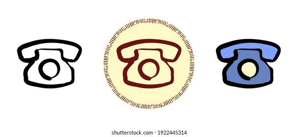 This is a set of icons with different style of landline phone. Landline phone outline colors and retro symbols. Freehand drawing, doodles. Stylish solution for website and label.
