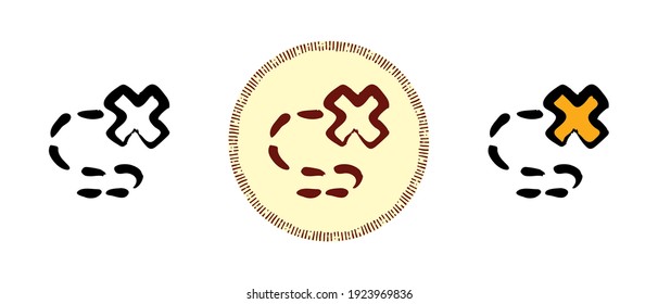 This is a set of icons with a different style of the route to the treasure. Outline, colors and retro symbols of the way to the marked point. Freehand drawing, doodles. Stylish solution for website.