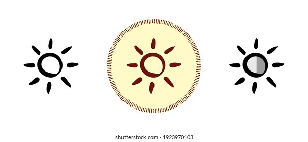 This is a set of icons with different style of screen brightness icon. Outline, colors and retro symbols of brightness icon. Freehand drawing, doodles. Stylish solution for website and label.