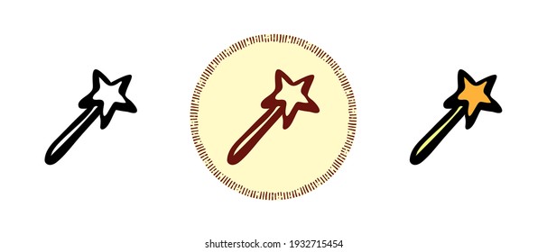 Dies ist eine Reihe von Symbolen mit einem anderen Stil der Magie Zauberstab. Umrisse, Farben und Retro-Symbole des Zauberstabs der Hexe. Freehand Zeichnung, Doodles. Stylische Lösung für Website und Label.