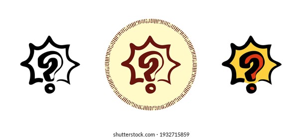 This is a set of icons with different style of the quiz question mark. Outline, colors and retro symbols of secret, question. Freehand drawing, doodles. Stylish solution for website and label.