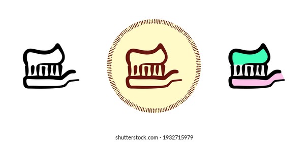 This is a set of icons with different style of toothbrush with toothpaste. Toothbrush with toothpaste outline, colors and retro symbols. Freehand drawing, doodles. Stylish solution for website.