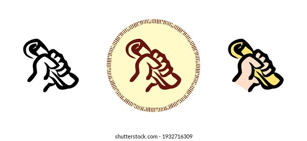 This is a set of icons with a different style of hand squeezing a scroll. Outline, colors and retro symbols of a hand squeezing a scroll. Freehand drawing, doodles. Stylish solution for website.