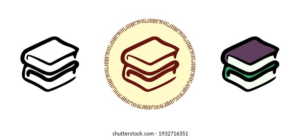 Este es un conjunto de iconos con un estilo diferente de una pila de libros. Símbolos de contorno, color y retro de una pila de libros de texto. Dibujo a mano libre, garabatos. Solución elegante para el sitio web y la etiqueta.