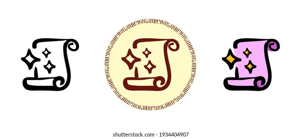 This is a set of icons with different style of the magic scroll. Scroll with spell outline, colors and retro symbols. Freehand drawing, doodles. Stylish solution for website and label.