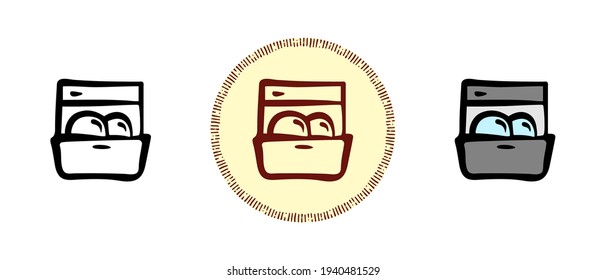 This is a set of icons with different style of dishwasher. Dishwasher outline colors and retro symbols. Freehand drawing, doodles. Stylish solution for website and label.
