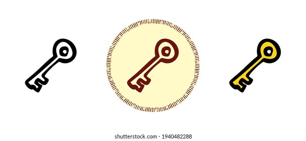 Este es un conjunto de iconos con un estilo diferente de tecla de oro. Contorno, colores y símbolos retro de la llave dorada. Dibujo a mano libre, garabatos. Solución elegante para el sitio web y la etiqueta.