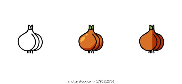 This is a set of icons with different styles of onions. Contour and color symbols of onions. Freehand drawing. Stylish solution for a website.
