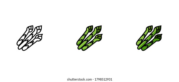 This Is A Set Of Icons With Different Styles Of Asparagus. Contour And Color Symbols Of Asparagus. Freehand Drawing. Stylish Solution For A Website.