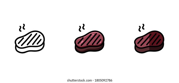 This is a set of icons with different styles of grilled meat. Contour and color symbols of grilled meat. Freehand drawing. Stylish solution for a website.