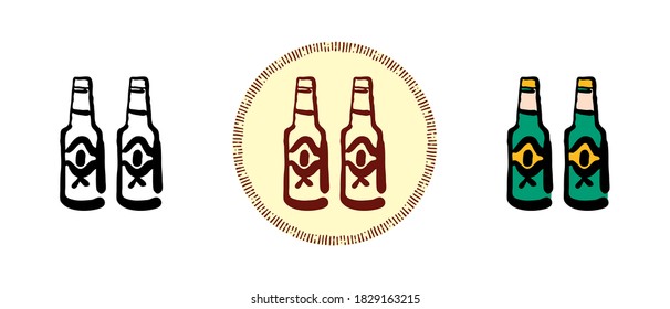 Este es un conjunto de íconos con diferentes estilos de botellas de cerveza. Contorsión, color y símbolos retro de botella de cerveza. Dibujo a mano libre, garabatos. Solución elegante para el sitio web y la etiqueta.