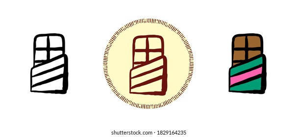Este es un conjunto de íconos con diferentes estilos de barra de chocolate. Símbolos de color y retro de una barra de chocolate. Dibujo a mano libre, garabatos. Solución elegante para el sitio web y la etiqueta.