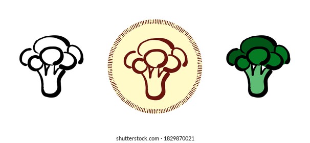 This is a set of icons with different styles of broccoli. Contour, color and retro symbols of broccoli. Freehand drawing, doodles. Stylish solution for website and label.