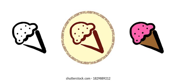 Este es un conjunto de íconos con diferentes estilos de cono de helado. Iconos de contorno, color y helado retro. Dibujo a mano libre, garabatos. Solución elegante para el sitio web y la etiqueta.
