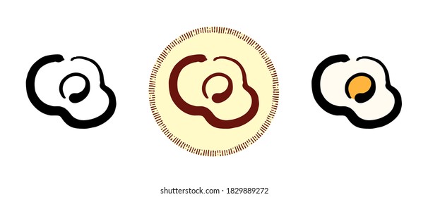 Este es un conjunto de íconos con diferentes estilos de huevos revueltos. Contorno, color y símbolos retro de huevos revueltos. Dibujo a mano libre, garabatos. Solución elegante para el sitio web y la etiqueta.