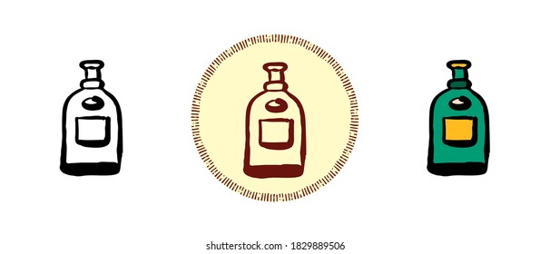 This is a set of icons with different styles of alcohol bottles. Alcohol bottle contour, color and retro symbols. Freehand drawing, doodles. Stylish solution for website and label.