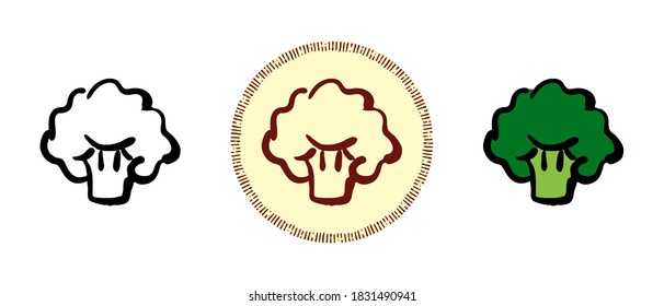 This is a set of icons with different styles of broccoli. Contour, color and retro symbols of broccoli. Freehand drawing, doodles. Stylish solution for website and label.
