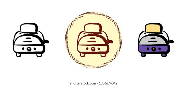 This is a set of icons with different styles of toaster. Outline, color and retro toaster symbols. Freehand drawing, doodles. Stylish solution for website and label.