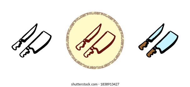 This is a set of icons with different styles of kitchen knives. Contour, colored and retro symbols of kitchen knives. Freehand drawing, doodles. Stylish solution for website and label.