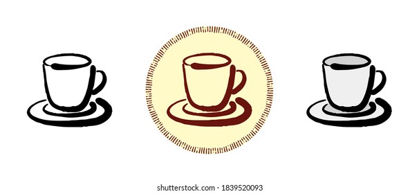 This is a set of icons with different styles of cup and saucer. Contour, color and retro symbols of a cup and saucer. Freehand drawing, doodles. Stylish solution for website and label.