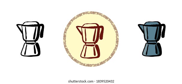 This is a set of icons with different styles of geyser coffee maker. Outline, color and retro symbols of a geyser coffee maker. Freehand drawing, doodles. Stylish solution for website and label.