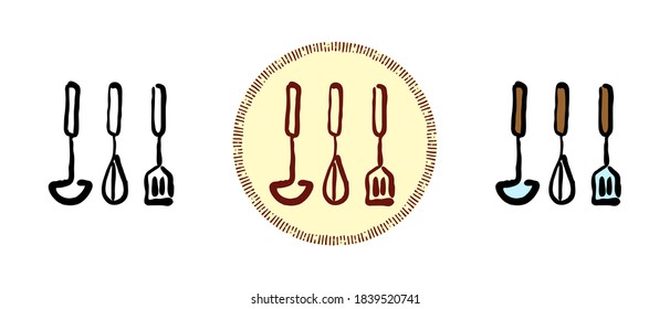This is a set of icons with different styles of kitchen utensils. Contour, color and retro symbols of kitchen utensils. Freehand drawing, doodles. Stylish solution for website and label.