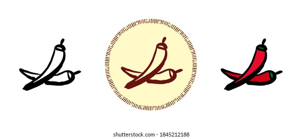 This is a set of icons with different styles of chili peppers. Outline, color and retro symbols of chili pepper. Freehand drawing, doodles. Stylish solution for website and label.