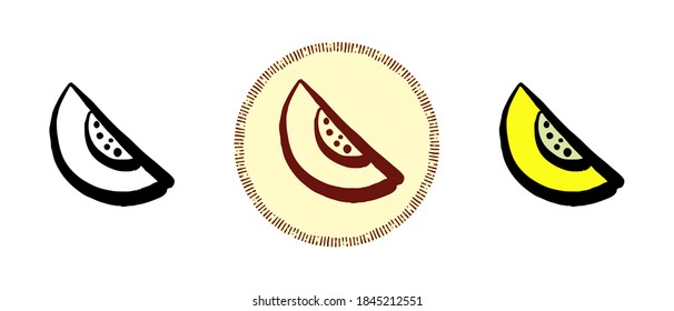 This is a set of icons with different styles of melon. Melon contour, color and retro symbols. Freehand drawing, doodles. Stylish solution for website and label.