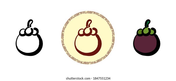 This is a set of icons with different styles of mangosteen. Contour, color and retro symbols of mangosteen. Freehand drawing, doodles. Stylish solution for website and label.