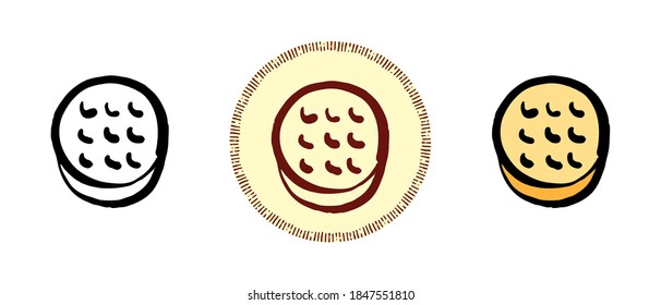 This is a set of icons with different styles of biscuits. Outline, color and retro biscuit symbols. Freehand drawing, doodles. Stylish solution for website and label.