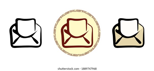 This is a set of icons with different styles of open mail envelope. Outline, colors and retro symbols of an open mail envelope. Freehand drawing, doodles. Stylish solution for website and label.