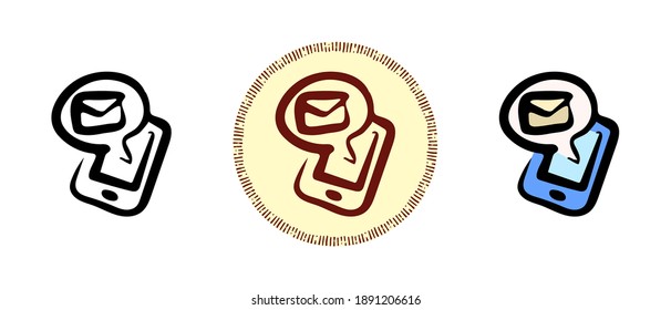 Este es un conjunto de iconos con diferentes estilos de notificación telefónica. Esquema, colores y símbolos retro de notificación en un smartphone. Dibujo a mano libre, garabatos. Solución elegante para el sitio web y la etiqueta