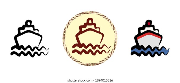 Este es un conjunto de íconos con diferentes estilos de barco delante. Contorno, colores y símbolos retro del barco delante. Dibujo a mano libre, garabatos. Solución elegante para el sitio web y la etiqueta.